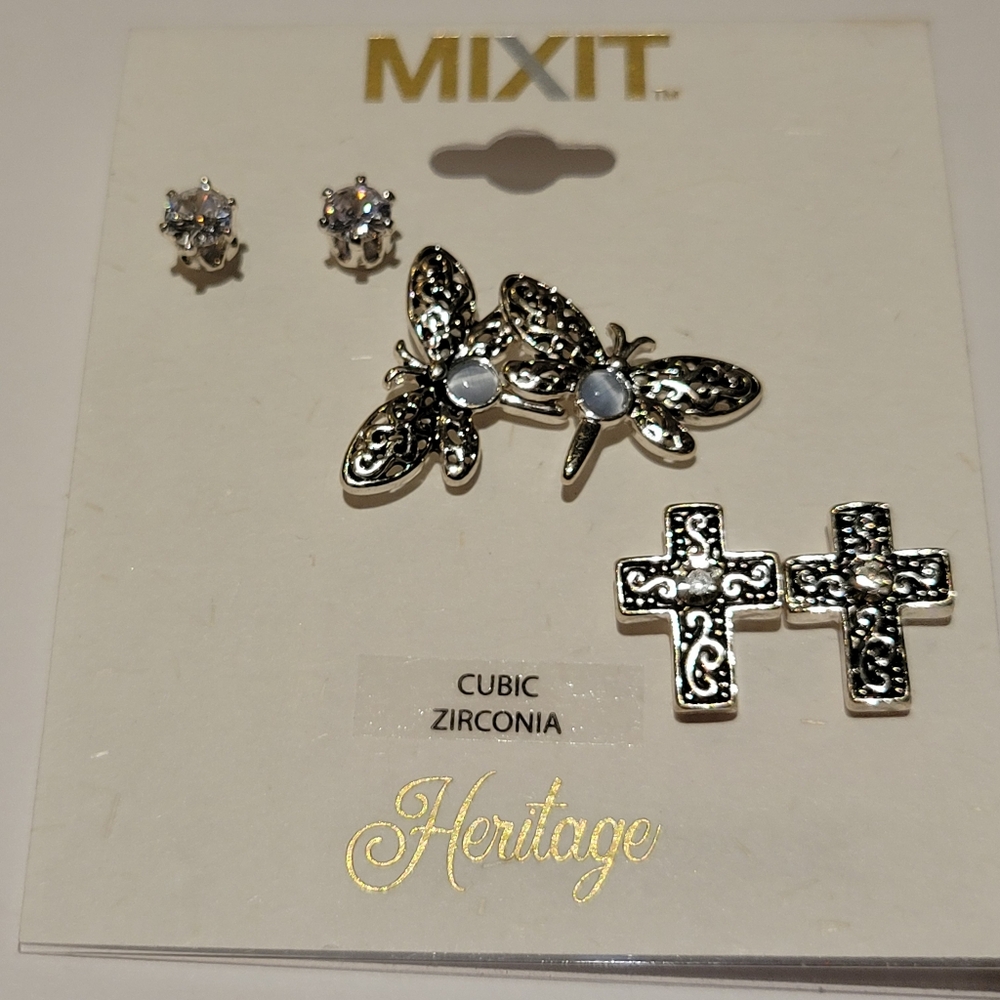 Mixit Heritage 3 Pair Dragonfly,  Stud, and Cross Earring Set